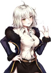  1girl ahoge belt blush braid breasts coat dress_shirt fate/grand_order fate_(series) fur-trimmed_coat fur_trim hand_on_hip jacket jeanne_alter large_breasts long_hair nakatokung off_shoulder open_mouth ruler_(fate/apocrypha) shirt short_hair silver_hair skirt white_background yellow_eyes 