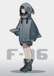  1girl absurdres bangs bare_legs black_eyes black_hair blunt_bangs boots closed_mouth clothes design dress expressionless f-16_fighting_falcon fami_(yellow_skies) full_body highres hood hood_up hoodie original sleeves_past_wrists solo sweater sweater_dress 