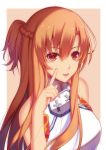  1girl :d aira5 asuna_(sao) bangs bare_arms bare_shoulders blush braid breastplate breasts brown_eyes brown_hair cross eyebrows_visible_through_hair eyelashes finger_to_cheek french_braid hair_between_eyes hand_to_head hand_up highres index_finger_raised long_hair looking_at_viewer medium_breasts open_mouth pointing pointing_at_self ponytail shirt short_ponytail sleeveless sleeveless_shirt smile solo sword_art_online turtleneck upper_body white_shirt 