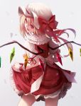  1girl absurdres back bangs blonde_hair bow dress fami_(yellow_skies) fangs flandre_scarlet floating_hair frills hair_between_eyes hat hat_bow highres long_hair looking_back mob_cap open_mouth petals puffy_short_sleeves puffy_sleeves red_bow red_dress red_eyes red_ribbon ribbon sash short_sleeves side_ponytail simple_background skirt_hold slit_pupils smile solo touhou white_bow wings wrist_cuffs 