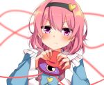  1girl bangs blush closed_mouth eyebrows_visible_through_hair hair_between_eyes hairband heart holding karasusou_nano komeiji_satori long_sleeves looking_at_viewer pink_hair short_hair simple_background solo third_eye touhou upper_body violet_eyes white_background wide_sleeves 