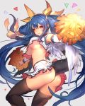  1girl armpits ass asymmetrical_wings blue_hair blush bow breasts cheerleader crop_top crop_top_overhang dizzy guilty_gear guilty_gear_xrd large_breasts long_hair looking_at_viewer midriff navel open_mouth oro_(sumakaita) pom_poms red_eyes ribbon shoes skirt sneakers solo tail tail_bow tail_ribbon thigh-highs under_boob wings 