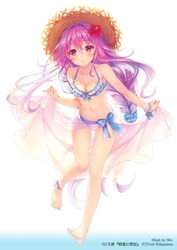  1girl barefoot bikini blue_bikini blush breasts cleavage closed_mouth collarbone feet frilled_bikini frills full_body hair_between_eyes halter_top halterneck hat long_hair looking_at_viewer navel official_art pink_hair red_eyes riv sarong seirei_gensouki small_breasts smile solo standing stomach straw_hat swimsuit toes 