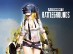  1girl belt blonde_hair blood bloody_clothes breasts cleavage collarbone copyright_name cowboy_shot dress_shirt fingerless_gloves frying_pan genderswap genderswap_(mtf) gloves helmet highres jazzjack large_breasts long_hair looking_to_the_side loose_necktie necktie pink_lips playerunknown&#039;s_battlegrounds shirt short_shorts shorts sleeves_rolled_up solo thigh_gap weapon 