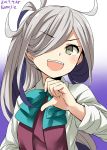  10s 1girl 2017 ahoge artist_name asashimo_(kantai_collection) bow bowtie dated gradient gradient_background grey_eyes hair_over_one_eye highres kamelie kantai_collection long_hair looking_at_viewer open_mouth ponytail purple_background school_uniform sharp_teeth shirt silver_hair solo teeth upper_body white_shirt 