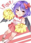  1girl alternate_costume bangs bat_wings black_wings blush bow brown_eyes cheerleader dutch_angle eyebrows_visible_through_hair hair_bow heart karasusou_nano looking_at_viewer open_mouth pink_skirt pleated_skirt pom_poms purple_hair red_bow remilia_scarlet shoes short_hair skirt sleeveless socks solo standing sweat touhou wings 