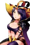  1girl arm_belt between_legs black_cape black_hair bracer breasts cape cleavage dated hand_between_legs headpiece highres jewelry jingo large_breasts league_of_legends looking_at_viewer midriff navel neck_ring sitting solo yellow_eyes 