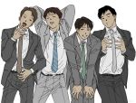  4boys ;) arms_behind_head bent_over black_hair blue_neckwear closed_eyes commentary_request cowboy_shot formal green_necktie male_focus multiple_boys necktie one_eye_closed original parted_lips pose salaryman short_hair simple_background smile suit tongue tongue_out white_background 