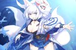  1girl action aircraft airplane animal_ears azur_lane bangs blue_eyes blue_skirt bracelet breasts cleavage collarbone cowboy_shot crest eyeshadow fang flight_deck fox_ears fox_mask fox_tail haori highres japanese_clothes jewelry kaga_(azur_lane) kikumon large_breasts looking_to_the_side magic makeup mask mephist-pheles multiple_tails open_mouth pleated_skirt short_hair skirt solo tail white_hair 