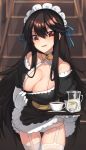  1girl bangs bare_shoulders black_hair breasts cleavage cowboy_shot criss-cross_halter cup demon_archer eyebrows_visible_through_hair fate_(series) garter_straps hair_between_eyes halterneck highres holding holding_tray k_jin koha-ace large_breasts long_hair looking_at_viewer maid maid_headdress open_mouth panties parted_lips pitcher red_eyes saucer smile solo teacup thigh-highs tray tsurime underwear very_long_hair white_legwear white_panties 