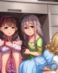  3girls ahoge all_fours barefoot blonde_hair blue_dress blue_eyes brown_hair choker desk dress drill_hair earrings frills grey_eyes heart_choker hoshi_shouko i_am_homeko idolmaster idolmaster_cinderella_girls jewelry leg_hug long_hair morikubo_nono multiple_girls mushroom panties pantyshot pantyshot_(sitting) parted_lips sakuma_mayu silver_hair sitting smile underwear white_panties 