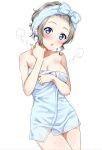 1girl :o alternate_hairstyle blue_eyes blush breasts brown_hair cleavage commentary_request cowboy_shot forehead highres looking_at_viewer love_live! love_live!_sunshine!! medium_breasts naked_towel open_mouth rozen5 short_hair simple_background solo standing steam teeth towel towel_on_head watanabe_you wet white_background white_towel 