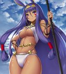  1girl bangs bikini blue_sky blunt_bangs bracelet breasts closed_mouth clouds cloudy_sky cowboy_shot dark_skin day earrings egyptian eyebrows_visible_through_hair fate/grand_order fate_(series) hair_between_eyes hair_tubes hairband hand_on_hip hoop_earrings jackal_ears jewelry large_breasts long_hair looking_at_viewer navel nitocris_(fate/grand_order) purple_hair shiny shiny_skin sky smile solo swimsuit takanashi-a thighs tsurime under_boob very_long_hair violet_eyes white_bikini 