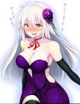  1girl :0 bare_shoulders black_gloves black_legwear blush breasts cleavage collarbone dress elbow_gloves fate_(series) female flower flower_request formal gloves hair_flower hair_ornament highres jeanne_alter large_breasts long_hair neck neck_ribbon nose_blush open_mouth purple_dress purple_flower red_ribbon ribbon round_teeth ruler_(fate/apocrypha) side_cutout silver_hair solo strapless strapless_dress sweat teeth thigh-highs thighs translated tsukui_kachou type-moon yellow_eyes 