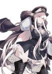  1girl absurdres adjusting_clothes adjusting_hat black_footwear black_hat bolt_action boots braid breasts fur_trim girls_frontline hat highres iron_cross jacket jacket_removed jingo kar98k_(girls_frontline) long_hair medium_breasts red_eyes smirk solo standing very_long_hair weapon white_hair 