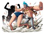  1boy blue_hair blue_swimsuit bodskih chains collarbone franky one_piece open_clothes open_mouth open_shirt outstretched_arms red_shirt shirt short_sleeves solo steam sunglasses swimsuit swimwear transparent_background 