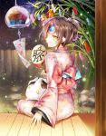  1girl brown_hair elsword eve_(elsword) facial_mark fan holding holding_fan japanese_clothes kimono looking_at_viewer looking_back meow night obi outdoors pink_kimono sash short_hair sitting sky solo star_(sky) starry_sky yellow_eyes yukata 
