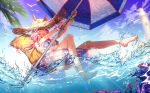 1girl :d afloat animal_ears arms_up ass bangle bangs bare_legs barefoot beach_umbrella bikini blue_bikini blue_sky blurry blush bracelet commentary_request coral day depth_of_field ears_through_headwear fate/extra fate_(series) fox_ears fox_tail hat holding holding_umbrella innertube jewelry light_rays lighthouse long_hair majiang open_mouth outdoors partially_underwater_shot pink_hair see-through short_sleeves signature sky smile solo sparkle splashing straw_hat string_bikini summer sunbeam sunlight swimsuit tail tamamo_(fate)_(all) tamamo_no_mae_(fate) tamamo_no_mae_(swimsuit_lancer)_(fate) transparent umbrella water 