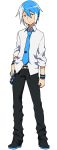  1boy belt blue_hair blue_nails blue_neckwear expressionless full_body hand_on_hip highres looking_at_viewer male_focus matsuda_toki matsudappoiyo multicolored_hair nail_polish necktie pants red_eyes short_hair solo standing transparent_background two-tone_hair utau wristband 