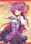  1girl :&lt; bangs beni_kurage blunt_bangs blush china_dress chinese_clothes crescent crescent_hair_ornament double_bun dress hair_ornament long_hair looking_at_viewer patchouli_knowledge puffy_short_sleeves puffy_sleeves purple_hair short_sleeves solo touhou very_long_hair violet_eyes 