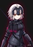  1girl absurdres armor armored_dress bee_doushi black_background black_dress breasts dress eyebrows_visible_through_hair fate/grand_order fate_(series) highres holding holding_weapon jeanne_alter large_breasts looking_at_viewer ruler_(fate/apocrypha) short_hair signature silver_hair smile solo weapon yellow_eyes 