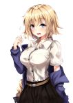  1girl ahoge belt blonde_hair blue_eyes blush braid breasts dress_shirt fate/grand_order fate_(series) flying_sweatdrops jacket jeanne_alter large_breasts long_hair nakatokung off_shoulder open_mouth ruler_(fate/apocrypha) shirt short_hair single_braid skirt very_long_hair white_background 