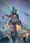  1girl ass bare_back barioth boots braid cutesexyrobutts dual_wielding fishnets gloves highres hips juno_(bard-bot) kunai long_hair looking_at_viewer looking_back monster monster_hunter nargacuga_(armor) scarf signature teeth thick_thighs thighs very_long_hair weapon 
