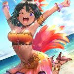 1girl ;d armlet armpits arms_up backlighting bangs blue_sky blush breasts cleavage clouds day dutch_angle earrings feathers gem glint green_hair hair_feathers high_heels horizon idolmaster idolmaster_cinderella_girls jewelry jumping lens_flare looking_at_viewer medium_breasts natalia_(idolmaster) navel ocean one_eye_closed open_mouth outdoors pettan_p raised_fists sarong short_hair sky smile solo stomach tareme violet_eyes 