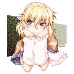  &gt;:( 1girl arm_warmers bangs blonde_hair chin_rest closed_mouth eyebrows_visible_through_hair green_eyes looking_away mizuhashi_parsee ootsuki_wataru pointy_ears short_sleeves solo touhou upper_body 