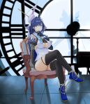  1girl absurdres armchair bangs black_gloves black_legwear black_skirt blue_cape blue_eyes blue_footwear blue_hair bow bow_earrings breasts cape chain chair cleavage_cutout clock clock_hands clothing_cutout crossed_legs detached_sleeves earrings full_body gloves hair_intakes halo hand_on_own_chin head_chain highres hololive hololive_english jewelry large_breasts looking_at_viewer mechanical_halo miniskirt ouro_kronii quatthro ribbon_earrings shiny shiny_hair shirt short_hair sitting skirt sleeveless sleeveless_shirt solo striped thigh-highs thighs underboob_cutout vertical_stripes virtual_youtuber 