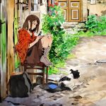  1girl black_eyes book brown_hair brown_skirt checkered_jacket closed_eyes commentary_request day dog door flower grass grey_legwear highres house jacket no_shoes open_book outdoors plant profile reading road sitting skirt smile solo stool street umishima_senbon 