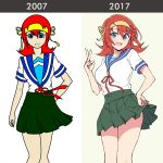  1girl 2007 2017 before_and_after blue_eyes breasts commentary comparison cowboy_shot green_skirt hairband hand_on_hip highres medium_breasts medium_hair multiple_views orange_hair original pas_(paxiti) pleated_skirt progress school_uniform serafuku skirt smile solo standing v 