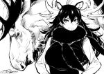  &gt;:| 1girl 2017 antlers breasts dated extra_ears fur_collar greyscale hair_between_eyes hands_on_hips happa_(cloverppd) kemono_friends large_breasts long_hair long_sleeves looking_at_viewer monochrome moose moose_(kemono_friends) moose_ears signature smile upper_body 