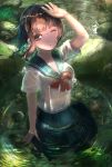  1girl arm_up blue_skirt brown_eyes brown_hair dappled_sunlight day highres koko_koya looking_at_viewer original outdoors ripples school_uniform see-through serafuku shading_face skirt solo standing sunlight wading water wet wet_clothes 