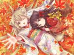  2girls :o ;o ahoge amano_sakuya animal_ears autumn_leaves bangs blonde_hair blush brown_eyes brown_hair eyebrows_visible_through_hair floral_print fox_ears fox_tail hair_ribbon highres japanese_clothes kimono konohana_kitan leaf long_hair long_sleeves looking_at_viewer lying maple_leaf multiple_girls obi official_art on_back on_ground on_side one_eye_closed open_mouth outstretched_arm parted_lips pinching_sleeves reaching_out red_ribbon ribbon sakura_(konohana_kitan) sash tail wide_sleeves yuri yuzu_(konohana_kitan) 