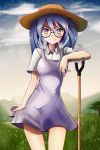  1girl absurdres bespectacled blue_hair cowboy_shot dress glasses green_eyes hat hatsune_miku highres looking_at_viewer outdoors shovel smile solo twintails vladislav_ton vocaloid worktool 