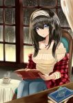  1girl black_hair blue_eyes book bookshelf edelweiss_(wsparkz) hair_between_eyes hair_ornament headband highres idolmaster idolmaster_cinderella_girls idolmaster_cinderella_girls_starlight_stage jewelry long_hair long_sleeves looking_at_viewer necklace open open_mouth sagisawa_fumika sitting solo upper_body 