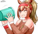  1girl 2017 ;t animal_ears bare_shoulders blonde_hair brown_eyes brown_hair bucket chestnut_thoroughbred_(kemono_friends) commentary_request dated detached_sleeves extra_ears eyebrows_visible_through_hair food food_on_face from_side hands_up happa_(cloverppd) holding holding_bucket horse_ears kemono_friends long_hair long_ponytail looking_at_viewer looking_to_the_side motion_lines multicolored_hair partial_commentary signature simple_background solo upper_body white_background 