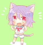  10s 1girl animal_ears blouse cat_ears cat_tail chibi eyebrows_visible_through_hair full_body green_background green_sailor_collar kantai_collection kouu_hiyoyo midriff navel open_mouth purple_hair red_eyes school_uniform serafuku short_hair short_sleeves shorts simple_background solo standing tail tama_(kantai_collection) white_blouse white_shorts 