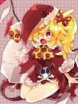 1girl bare_legs blonde_hair bone bow cape cleaver dress fangs flandre_scarlet hair_bow hat highres nikorashi-ka one_eye_covered open_mouth red_dress red_eyes santa_costume santa_hat seiza side_ponytail sitting skull_and_crossbones torn_clothes touhou wings 