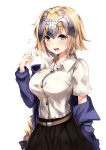 1girl ahoge belt blonde_hair blue_eyes blush braid breasts dress_shirt fate/grand_order fate_(series) flying_sweatdrops headpiece jacket jeanne_alter large_breasts long_hair nakatokung off_shoulder open_mouth ruler_(fate/apocrypha) shirt short_hair single_braid skirt very_long_hair white_background 