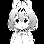  1girl :d animal_ears bangs bare_shoulders black_background bow bowtie breasts commentary_request eyebrows_visible_through_hair eyelashes facing_viewer hair_between_eyes kemono_friends looking_at_viewer medium_breasts multicolored_hair na!_(na&#039;mr) open_mouth outline serval_(kemono_friends) serval_ears serval_print shirt short_hair simple_background sleeveless sleeveless_shirt smile solo tareme two-tone_hair upper_body white_outline 
