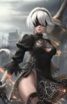  1girl athenawyrm black_dress black_hairband blindfold breasts cleavage_cutout closed_mouth covered_eyes cowboy_shot dress facing_viewer feather-trimmed_sleeves hairband highleg highleg_leotard juliet_sleeves leotard long_sleeves medium_breasts nier_(series) nier_automata puffy_sleeves short_hair solo thigh-highs vambraces white_hair white_leotard yorha_no._2_type_b 