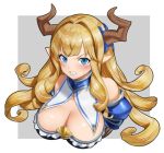  1girl angry blonde_hair blue_eyes breasts cleavage doraf granblue_fantasy horns large_breasts long_hair looking_at_viewer mikurou_(nayuta) pointy_ears razia upper_body very_long_hair 