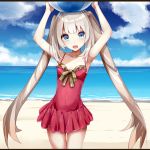  1girl :d armpits arms_up ball beach beachball blue_eyes breasts casual_one-piece_swimsuit cleavage collarbone cowboy_shot day eyebrows_visible_through_hair fate/grand_order fate_(series) floating_hair heavens_thunder_(byakuya-part2) long_hair marie_antoinette_(fate/grand_order) ocean one-piece_swimsuit open_mouth outdoors red_swimsuit silver_hair sketch small_breasts smile solo standing swimsuit twintails very_long_hair 