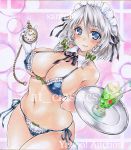  1girl artist_name at_classics bangs bikini black_ribbon blue_bikini blue_eyes blush bow braid breasts closed_mouth cowboy_shot cup detached_collar drinking_glass drinking_straw erect_nipples eyebrows_visible_through_hair gloves green_bow hair_between_eyes hair_bow holding holding_tray izayoi_sakuya large_breasts looking_at_viewer maid_headdress navel neck_ribbon pocket_watch ribbon sample short_hair side-tie_bikini side_braid silver_hair smile solo swimsuit touhou traditional_media tray twin_braids watch watermark white_gloves 