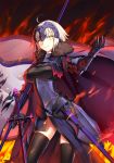  1girl ahoge armor armored_dress banner black_dress black_legwear blonde_hair dress drogoth eyebrows_visible_through_hair fate/grand_order fate_(series) gauntlets highres jeanne_alter looking_at_viewer ruler_(fate/apocrypha) sheath shiny shiny_clothes short_hair solo standing sword thigh-highs unsheathed weapon yellow_eyes 