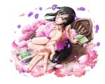  ass black_hair blue_eyes bodskih book breasts cherry_blossoms cleavage cup dress floating_hair from_above hips large_breasts long_hair looking_at_viewer looking_up nico_robin one_piece open_book outstretched_arm petals pink_dress sakura_tree sideboob sitting sleeveless sleeveless_dress smile teacup thighs transparent_background 