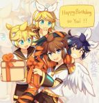  1girl 3boys angel_wings aqua_eyes belt birthday blonde_hair blue_eyes bound brother_and_sister brown_hair carrying clenched_teeth cosplay crossover crypton_future_media dark_pit dual_persona gift hair_ornament hairclip hand_to_own_mouth happy_birthday headphones kagamine_len kagamine_len_(cosplay) kagamine_rin kagamine_rin_(cosplay) kid_icarus kid_icarus_uprising nintendo open_mouth orange_ribbon pit_(kid_icarus) purple_hair red_eyes ribbon sailor_collar sega shorts shoulder_carry siblings smile star teeth twins vocaloid wings wusagi2 yamaha_(company) zoom_layer 
