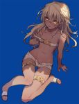  1girl alternate_breast_size belt beltbra blonde_hair blush breasts dark_skin guilty_gear guilty_gear_xrd long_hair looking_at_viewer navel orange_eyes oro_(sumakaita) ramlethal_valentine short_shorts shorts simple_background small_breasts smile solo thigh_strap under_boob white_hair 